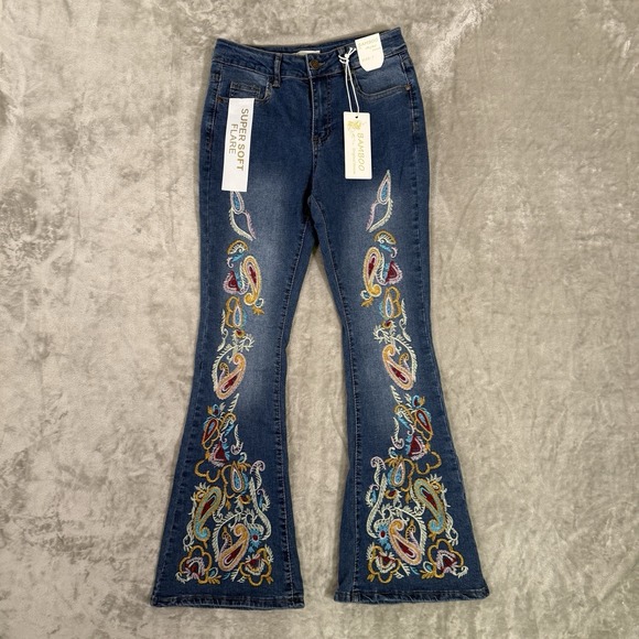 BAMBOO Denim - Bamboo Embroidered Bell Bottoms Wide Flare Jeans Sz 7 Blue Soft Denim NWT